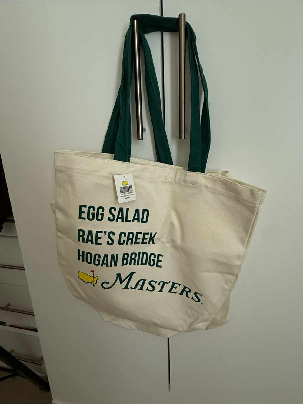 New- MASTERS Cream Canvas Tote with Dark Green Handles and Green Letter